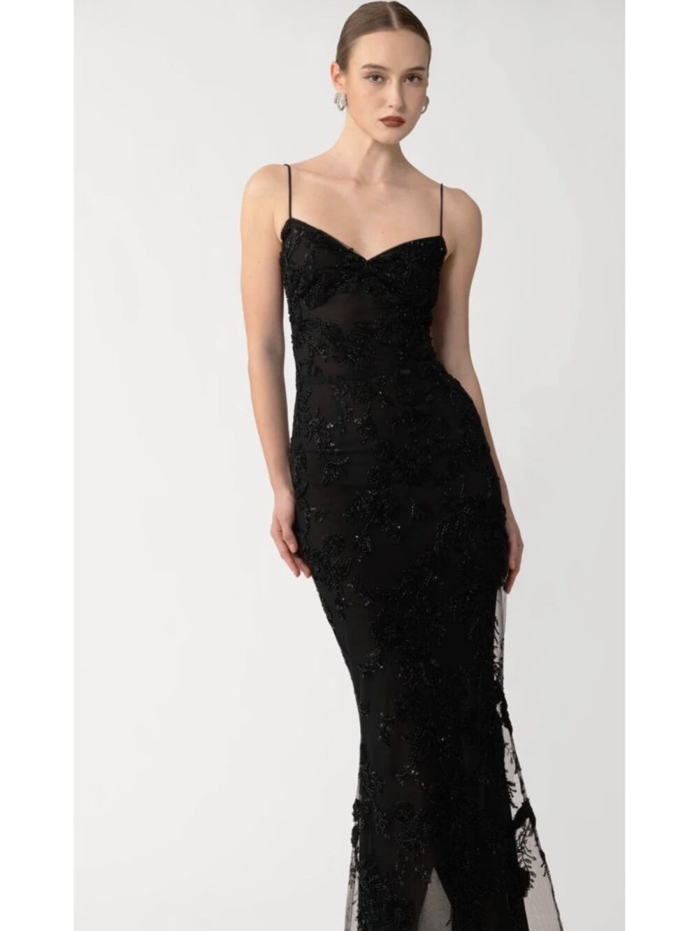NWT SAU LEE Sammie Beaded Floral BLACK Sleeveless Gown maxi dress size US 14